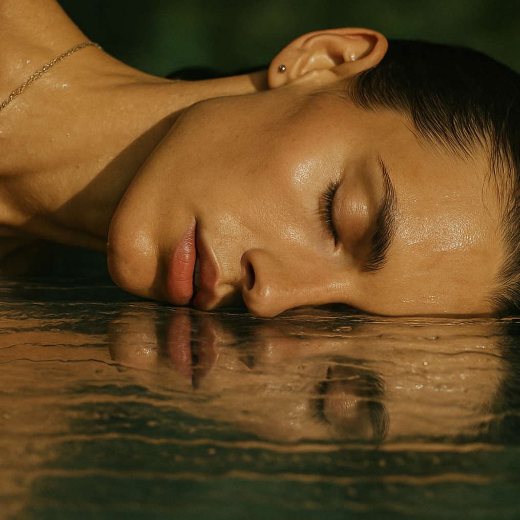 Close-up of a person's face partially submerged in water with a blurred background